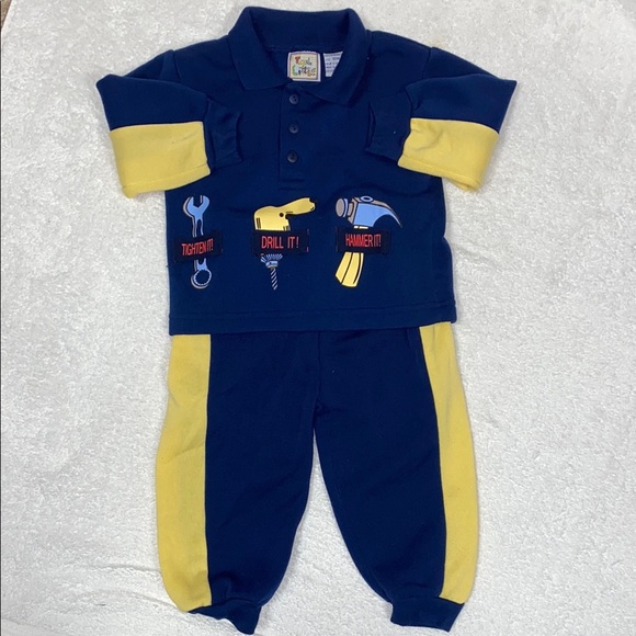 Vintage Kids Blue and Yellow Tool Print Outfit sweatsuit 18m - Picture 1 of 10